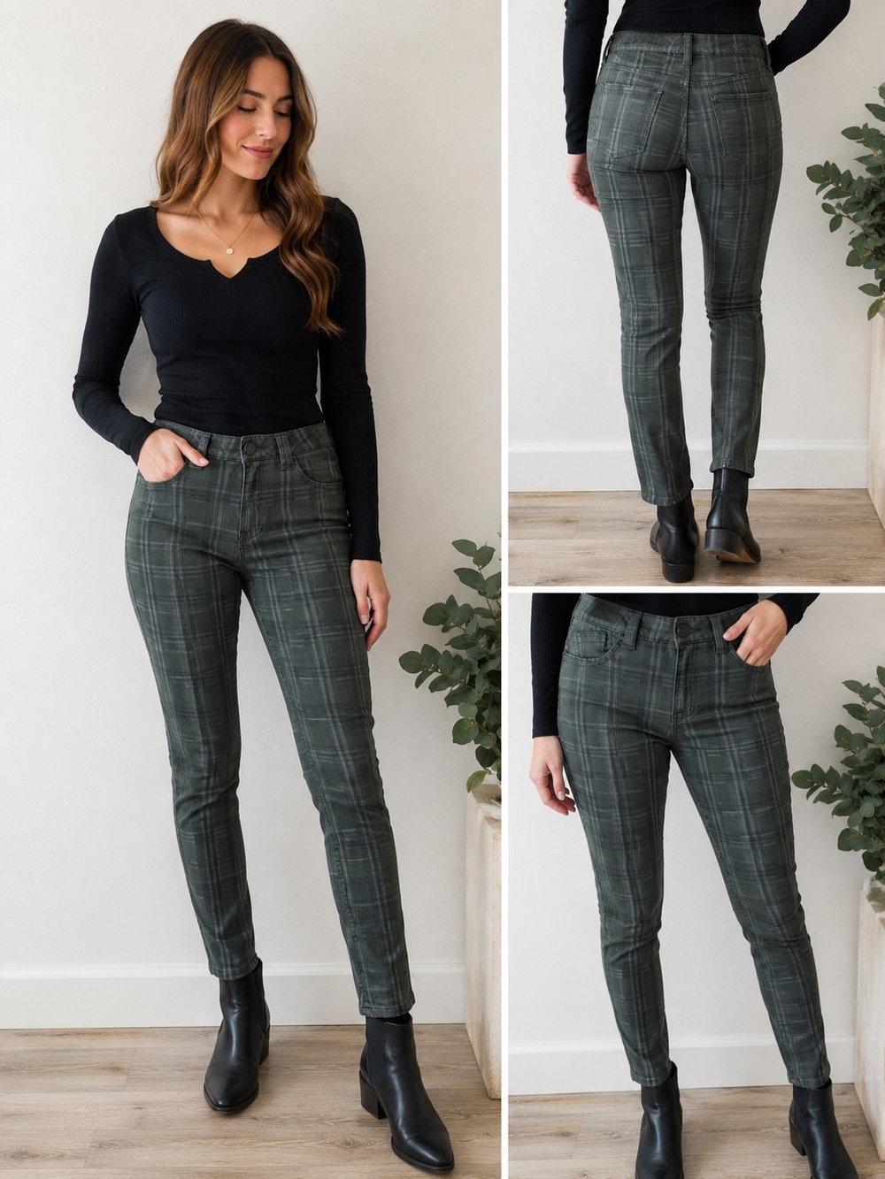 Democracy Ab Solution Olive Gray Plaid Skinny Pants Size 6 Preppy Fall Fashion